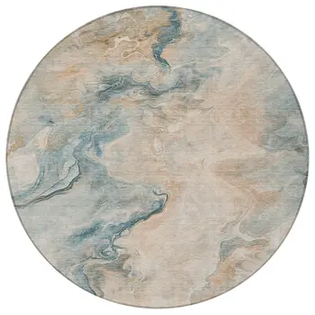8' Teal Blue Coral And Ivory Round Abstract Washable Indoor Outdoor Area Rug