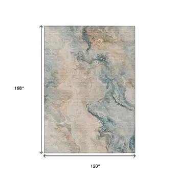 10' X 14' Teal Blue Coral And Ivory Abstract Washable Indoor Outdoor Area Rug