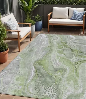 5' X 8' Artichoke Green And Ivory Abstract Washable Indoor Outdoor Area Rug