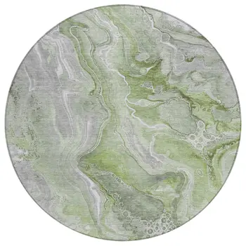 8' Artichoke Green And Ivory Round Abstract Washable Indoor Outdoor Area Rug