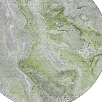 8' Artichoke Green And Ivory Round Abstract Washable Indoor Outdoor Area Rug