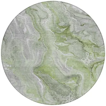 8' Artichoke Green And Ivory Round Abstract Washable Indoor Outdoor Area Rug