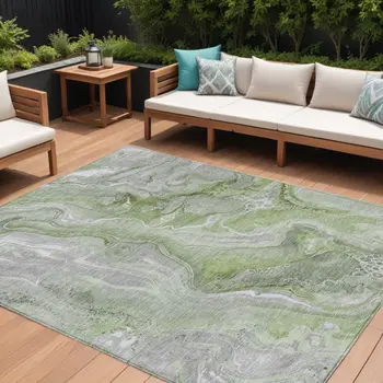 10' X 14' Artichoke Green And Ivory Abstract Washable Indoor Outdoor Area Rug
