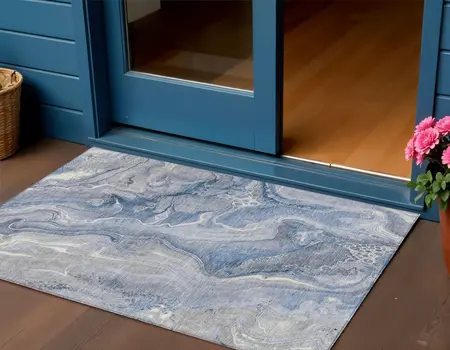 3' X 5' Denim Blue And Ivory Abstract Washable Indoor Outdoor Area Rug