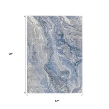 5' X 8' Denim Blue And Ivory Abstract Washable Indoor Outdoor Area Rug