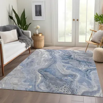5' X 8' Denim Blue And Ivory Abstract Washable Indoor Outdoor Area Rug