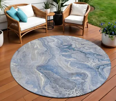 8' Denim Blue And Ivory Round Abstract Washable Indoor Outdoor Area Rug
