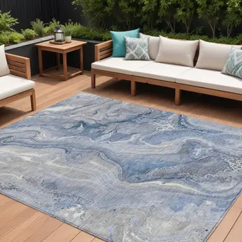9' X 12' Denim Blue And Ivory Abstract Washable Indoor Outdoor Area Rug