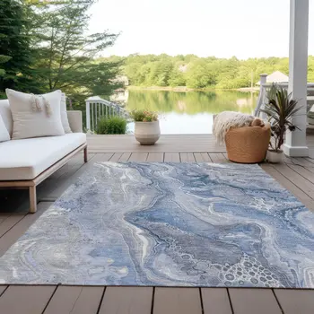 10' X 14' Denim Blue And Ivory Abstract Washable Indoor Outdoor Area Rug