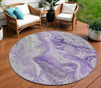 8' Purple And Ivory Round Abstract Washable Indoor Outdoor Area Rug