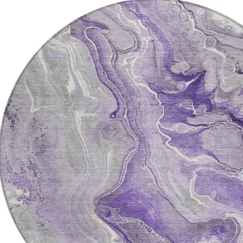 8' Purple And Ivory Round Abstract Washable Indoor Outdoor Area Rug