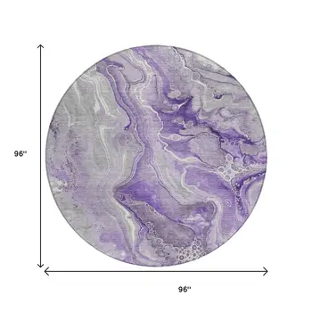 8' Purple And Ivory Round Abstract Washable Indoor Outdoor Area Rug