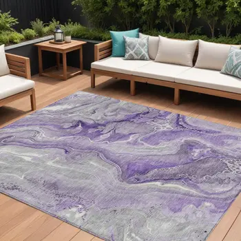 9' X 12' Purple And Ivory Abstract Washable Indoor Outdoor Area Rug