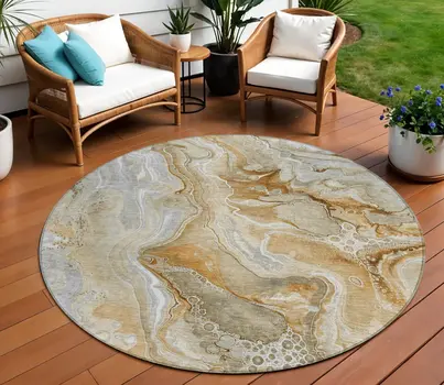 8' Pewter And Ivory Round Abstract Washable Indoor Outdoor Area Rug