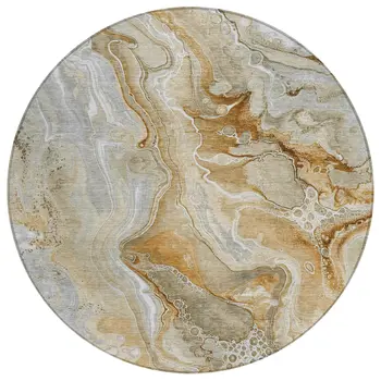 8' Pewter And Ivory Round Abstract Washable Indoor Outdoor Area Rug