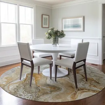 8' Pewter And Ivory Round Abstract Washable Indoor Outdoor Area Rug
