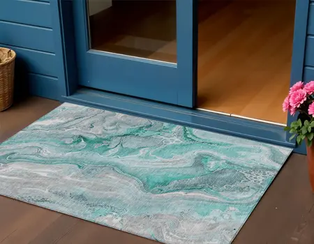 3' X 5' Teal Blue And Ivory Abstract Washable Indoor Outdoor Area Rug