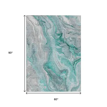 5' X 8' Teal Blue And Ivory Abstract Washable Indoor Outdoor Area Rug