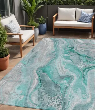 5' X 8' Teal Blue And Ivory Abstract Washable Indoor Outdoor Area Rug