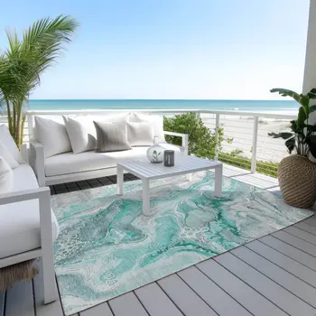 5' X 8' Teal Blue And Ivory Abstract Washable Indoor Outdoor Area Rug