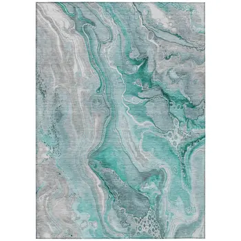 5' X 8' Teal Blue And Ivory Abstract Washable Indoor Outdoor Area Rug