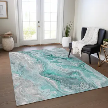 5' X 8' Teal Blue And Ivory Abstract Washable Indoor Outdoor Area Rug
