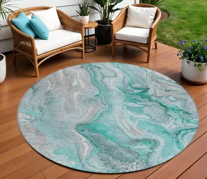 8' Teal Blue And Ivory Round Abstract Washable Indoor Outdoor Area Rug