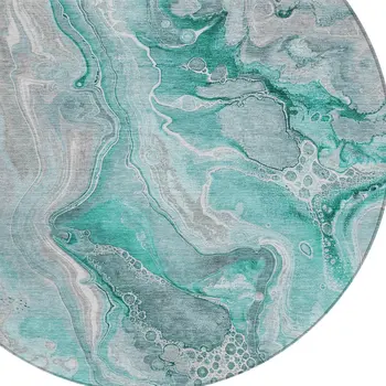 8' Teal Blue And Ivory Round Abstract Washable Indoor Outdoor Area Rug