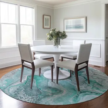 8' Teal Blue And Ivory Round Abstract Washable Indoor Outdoor Area Rug