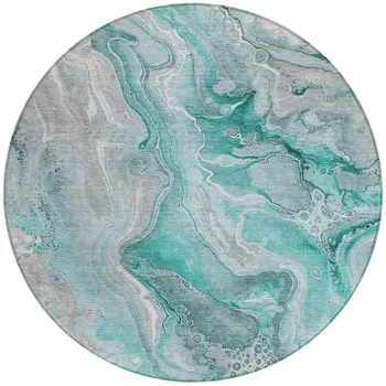 8' Teal Blue And Ivory Round Abstract Washable Indoor Outdoor Area Rug