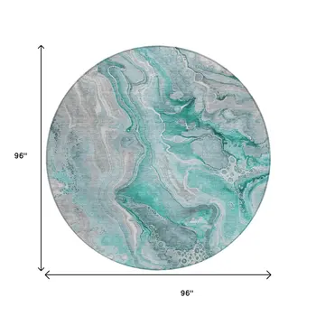 8' Teal Blue And Ivory Round Abstract Washable Indoor Outdoor Area Rug