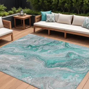 8' X 10' Teal Blue And Ivory Abstract Washable Indoor Outdoor Area Rug