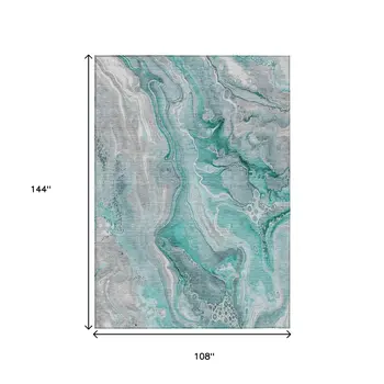 9' X 12' Teal Blue And Ivory Abstract Washable Indoor Outdoor Area Rug
