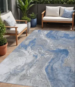 5' X 8' Blue And Ivory Abstract Washable Indoor Outdoor Area Rug