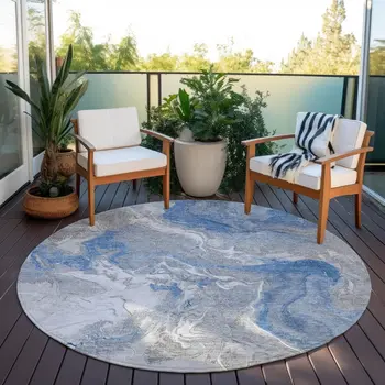 8' Blue And Ivory Round Abstract Washable Indoor Outdoor Area Rug