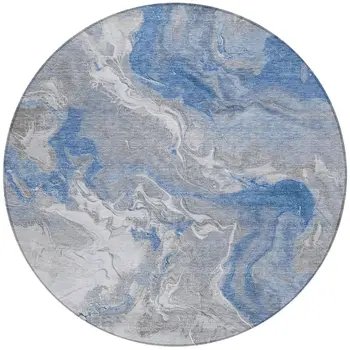 8' Blue And Ivory Round Abstract Washable Indoor Outdoor Area Rug