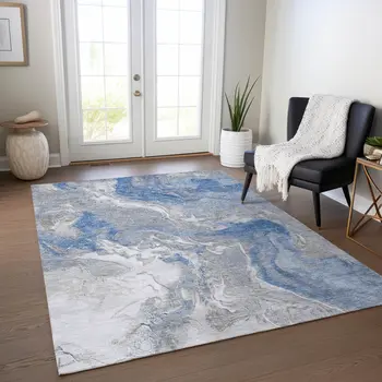 9' X 12' Blue And Ivory Abstract Washable Indoor Outdoor Area Rug