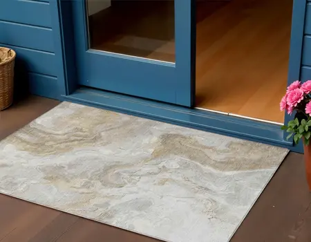3' X 5' Ivory And Beige Abstract Washable Indoor Outdoor Area Rug