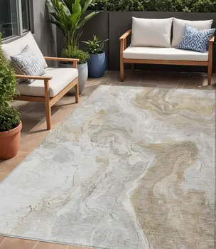 5' X 8' Ivory And Beige Abstract Washable Indoor Outdoor Area Rug