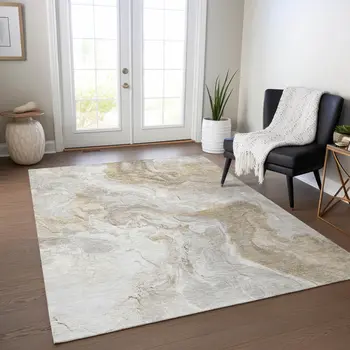 8' X 10' Ivory And Beige Abstract Washable Indoor Outdoor Area Rug
