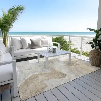 9' X 12' Ivory And Beige Abstract Washable Indoor Outdoor Area Rug
