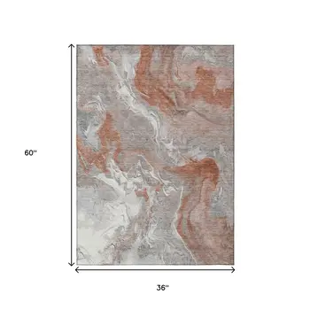 3' X 5' Salmon And Gray Abstract Washable Indoor Outdoor Area Rug