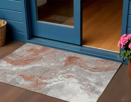 3' X 5' Salmon And Gray Abstract Washable Indoor Outdoor Area Rug