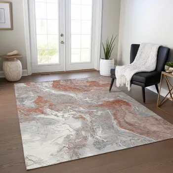 3' X 5' Salmon And Gray Abstract Washable Indoor Outdoor Area Rug