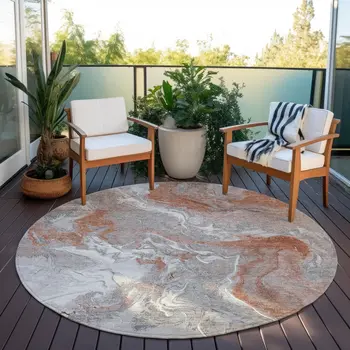 8' Salmon And Gray Round Abstract Washable Indoor Outdoor Area Rug