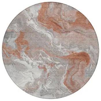 8' Salmon And Gray Round Abstract Washable Indoor Outdoor Area Rug