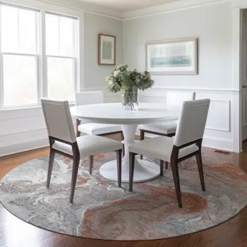 8' Salmon And Gray Round Abstract Washable Indoor Outdoor Area Rug