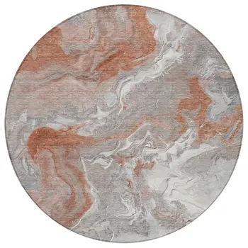 8' Salmon And Gray Round Abstract Washable Indoor Outdoor Area Rug