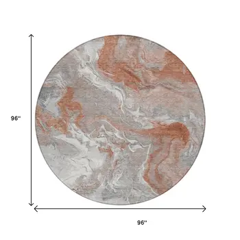 8' Salmon And Gray Round Abstract Washable Indoor Outdoor Area Rug
