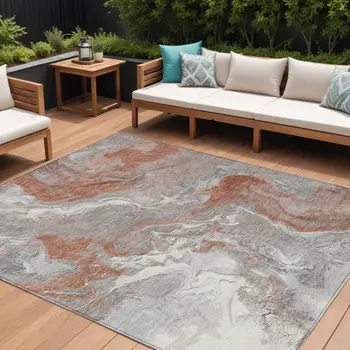 8' X 10' Salmon And Gray Abstract Washable Indoor Outdoor Area Rug